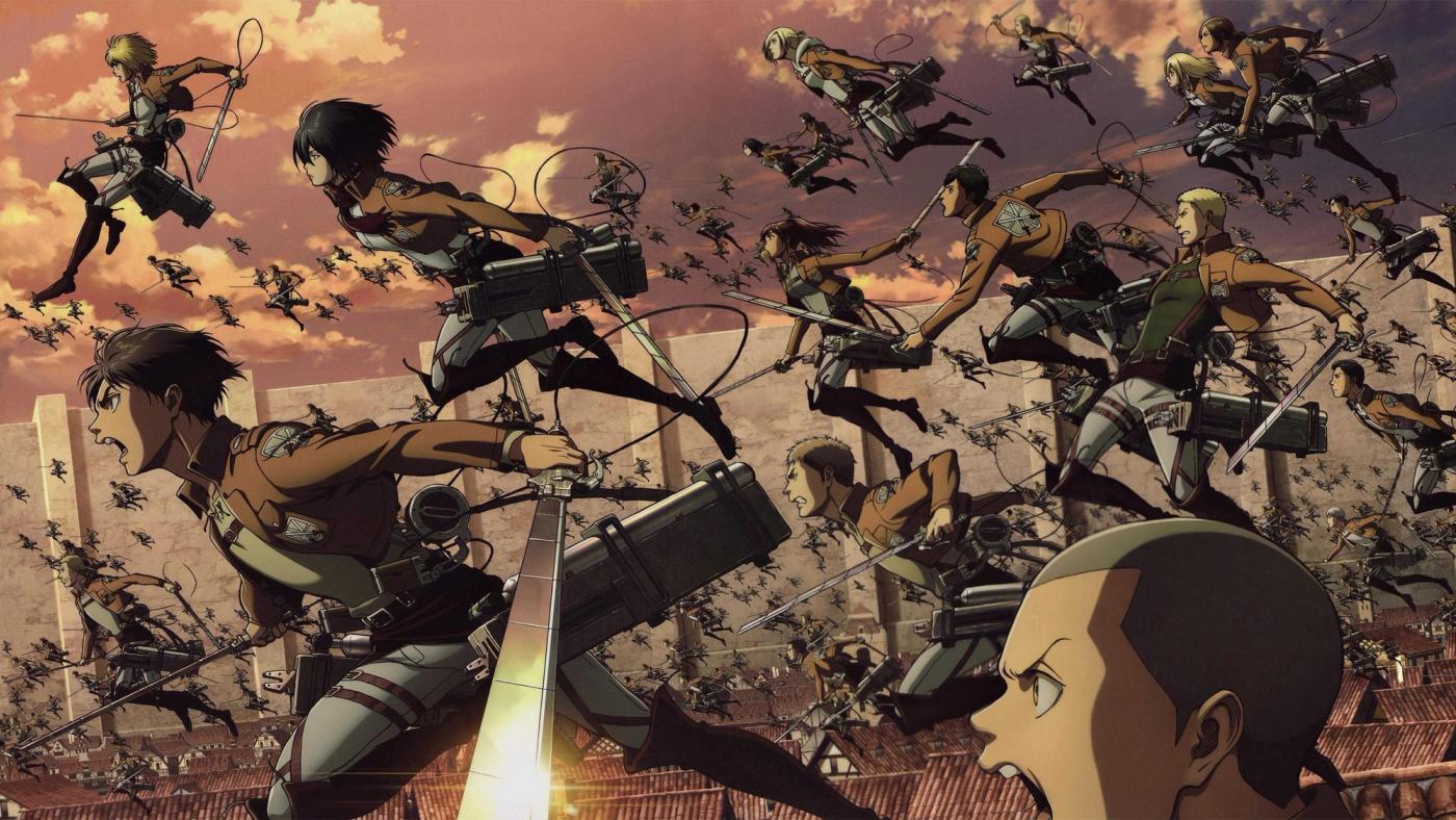 Formasi Survey Corps terbang menggunakan ODM Gear mengejar Titan dalam Attack on Titan