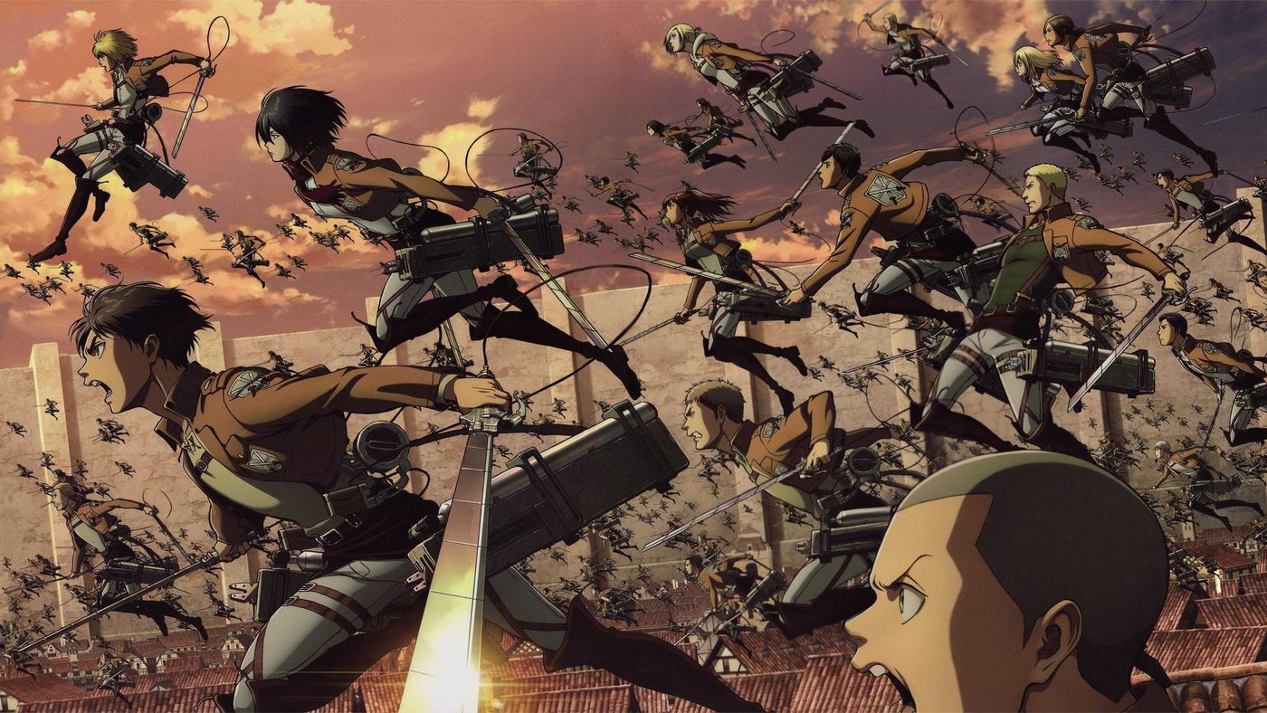 Formasi Survey Corps terbang menggunakan ODM Gear mengejar Titan dalam Attack on Titan