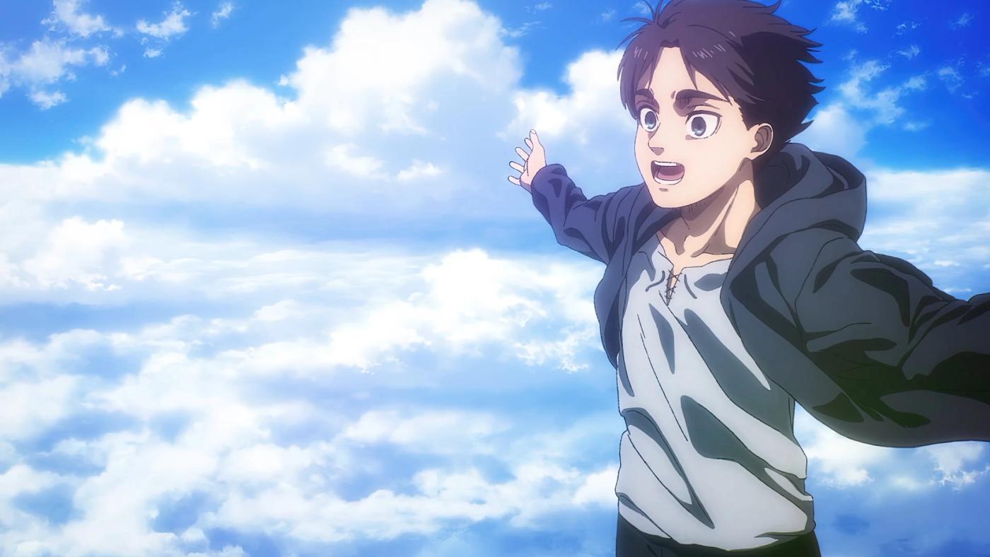 Eren Yeager muda menatap ke langit dengan ekspresi terkejut dalam Attack on Titan