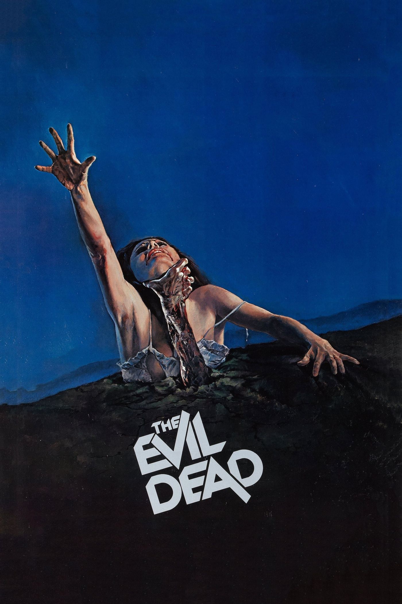 Poster resmi The Evil Dead (1981) - lukisan seorang perempuan yang ditarik keluar dari tanah oleh tangan Deadite terluka, dengan judul film di bagian bawah.