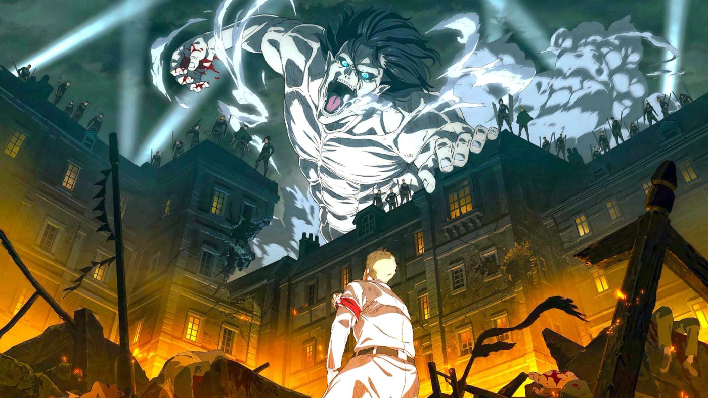 Sosok Titan raksasa berbentuk tulang belulang bangkit di atas reruntuhan kota dalam Attack on Titan