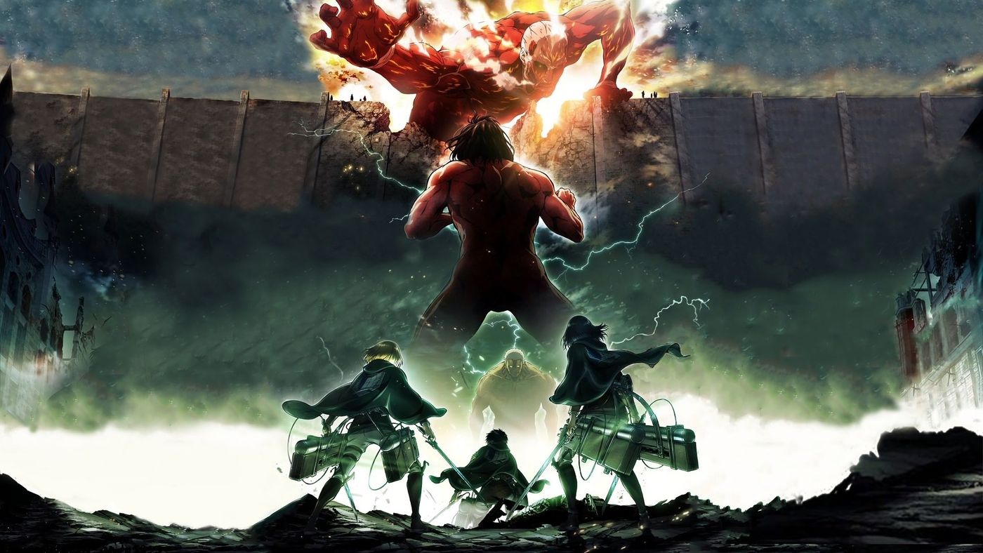 Attack Titan berhadapan dengan Armored Titan disaksikan Armin, Mikasa, dan Jean dalam Attack on Titan