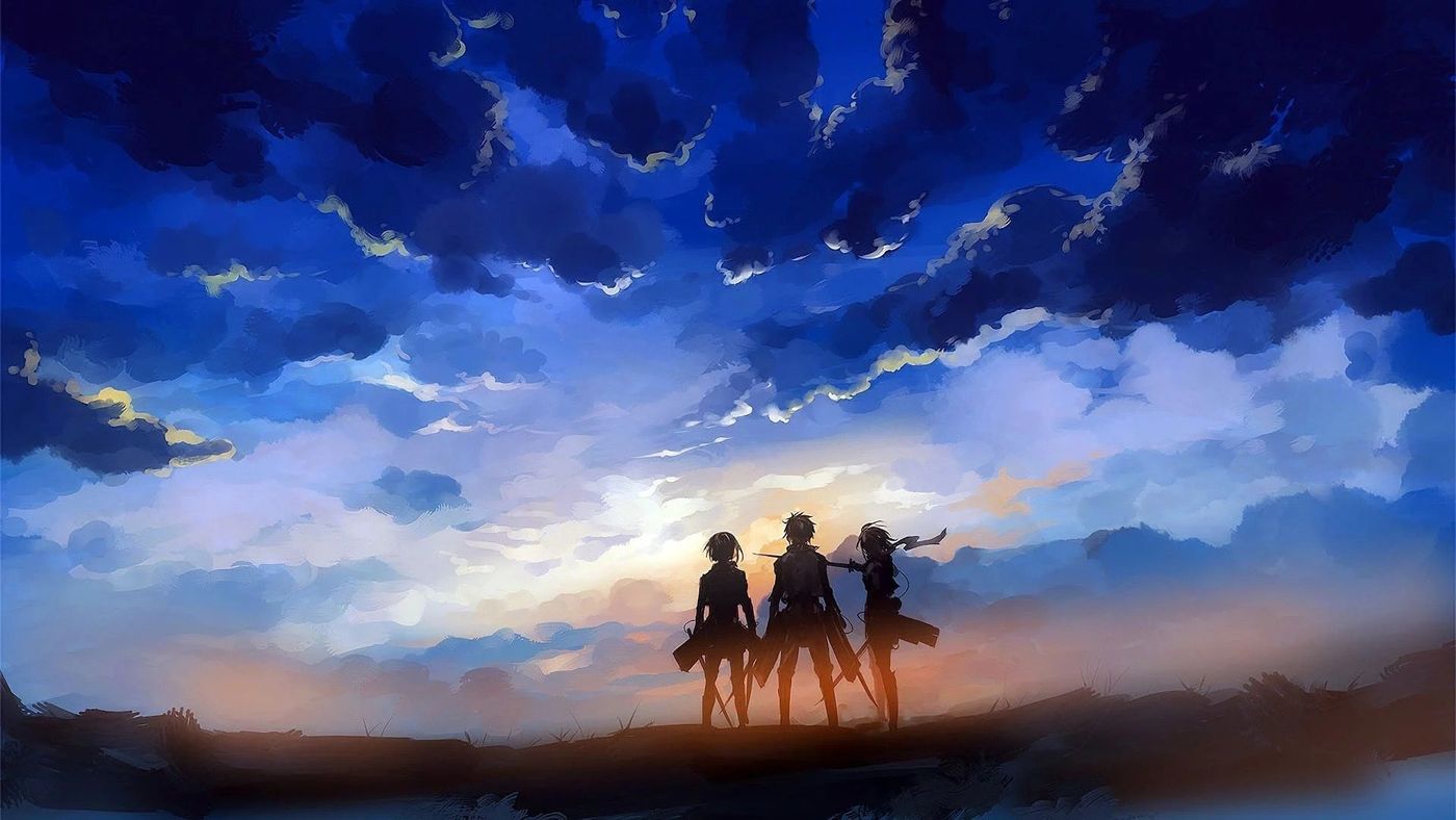 Siluet tiga karakter berdiri menghadap langit senja dalam artwork Attack on Titan