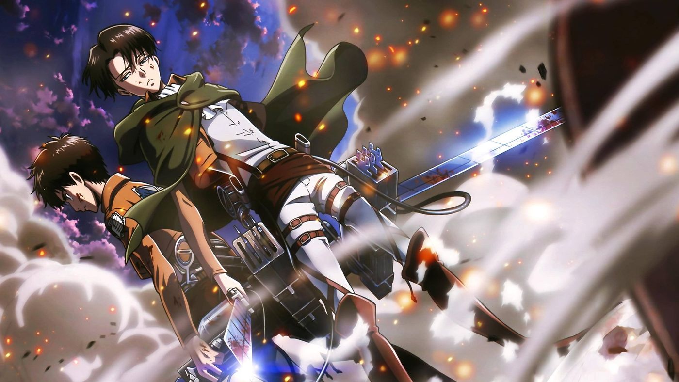 Levi Ackerman menggendong seorang prajurit yang terluka di tengah pertempuran dalam Attack on Titan