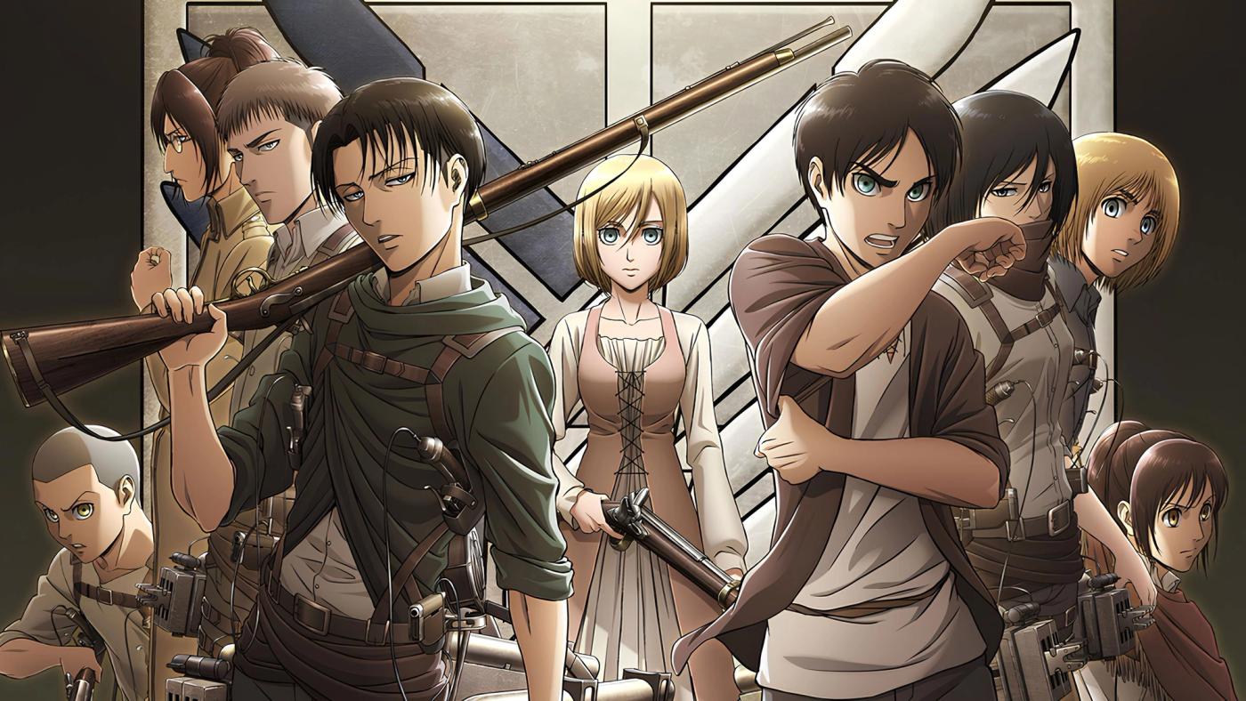 Key visual ansambel karakter utama Attack on Titan termasuk Levi, Historia, Eren, Mikasa, dan Armin