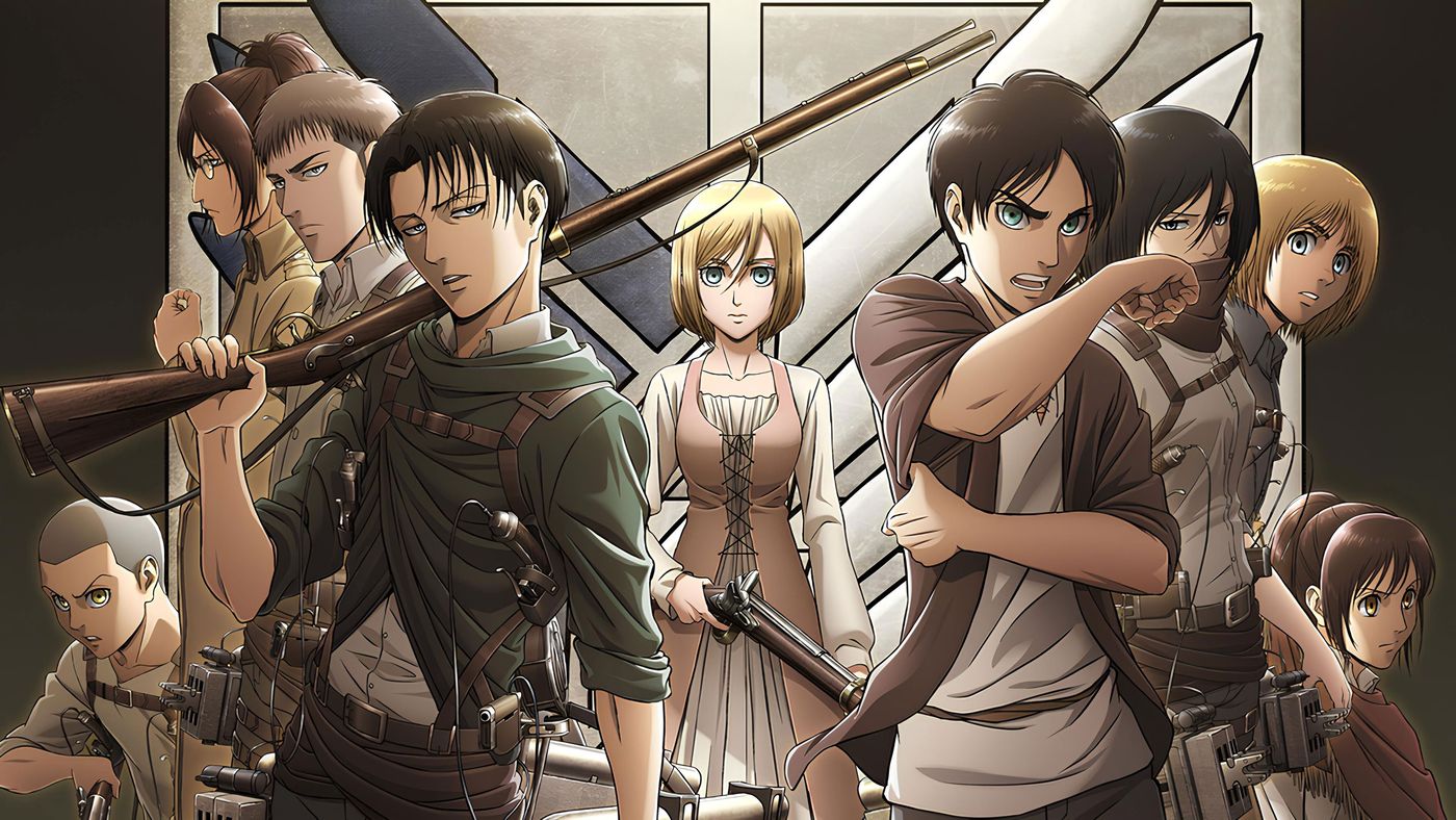 Key visual ansambel karakter utama Attack on Titan termasuk Levi, Historia, Eren, Mikasa, dan Armin