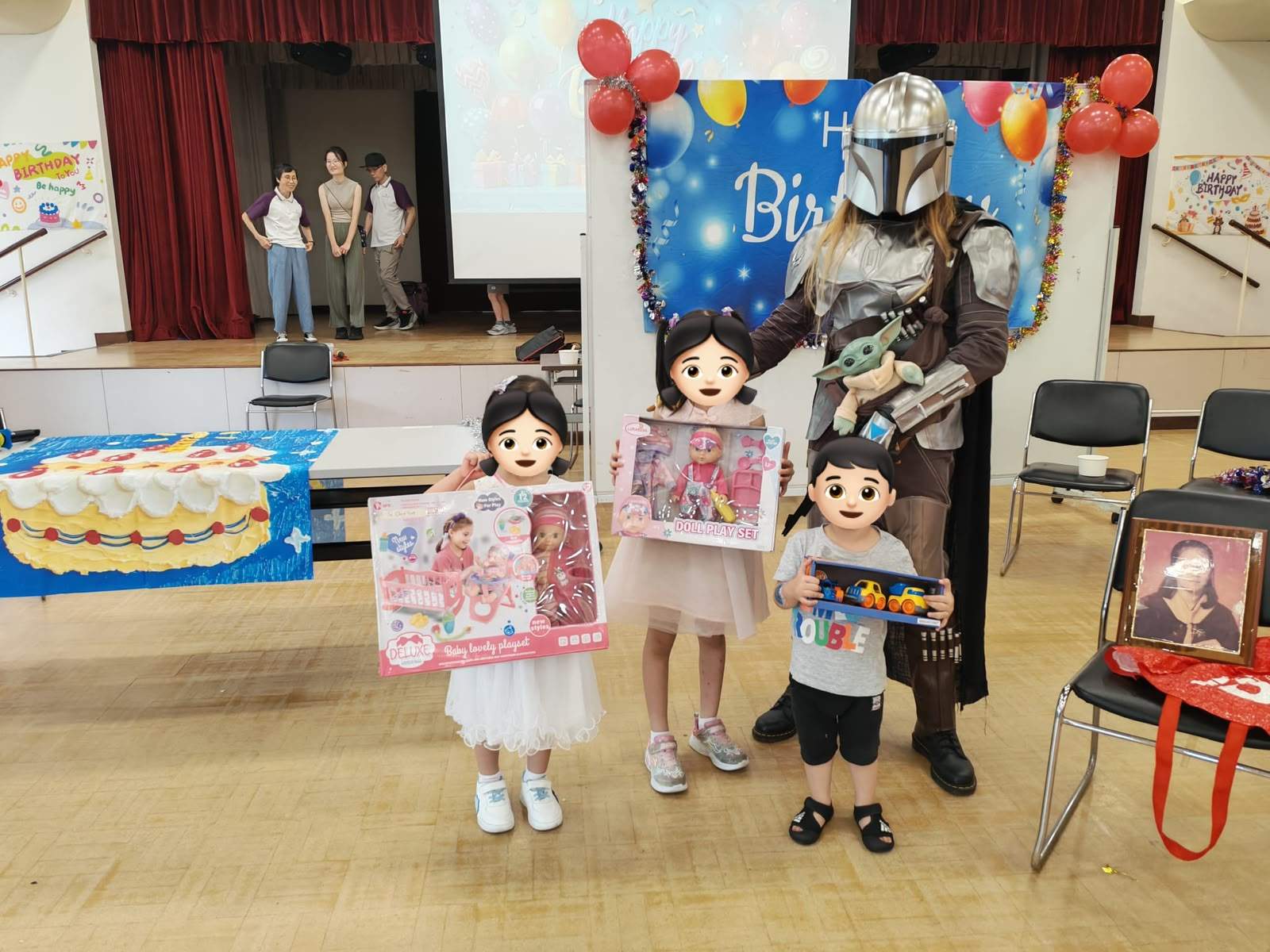 Children receive gifts beside an armored character holding a small toy.