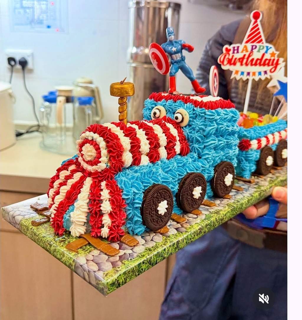 Close-up of Bharti's Captain America train cake, ready for the party.