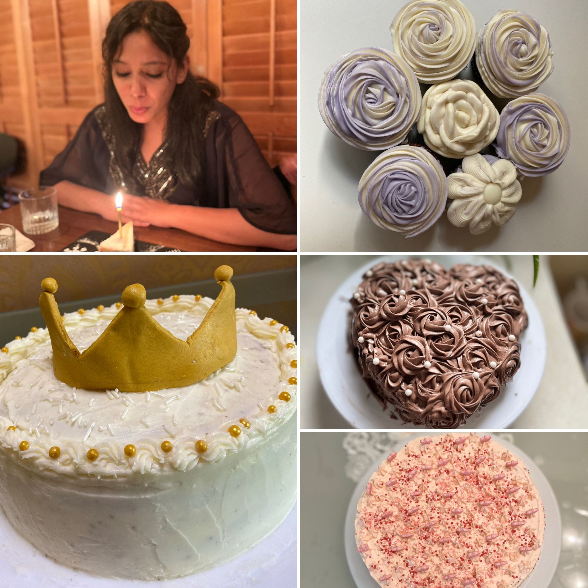 A collage of Radhika Vishwanath's bakes — rosette cupcakes, a golden crown cake, a heart-shaped rosette cake and a pink sprinkle cake.