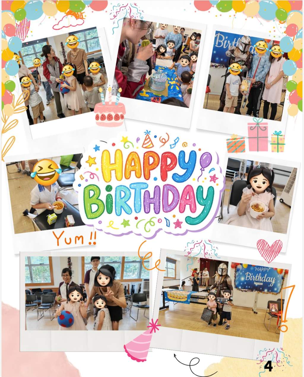A birthday collage showing cake, gifts, meals, and group photos at the Fu Hong Society Joyous Party.
