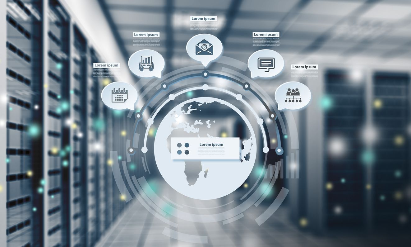 A futuristic digital illustration featuring a globe in the center with interconnected icons around it, set against a blurred background of server racks in a data center. 