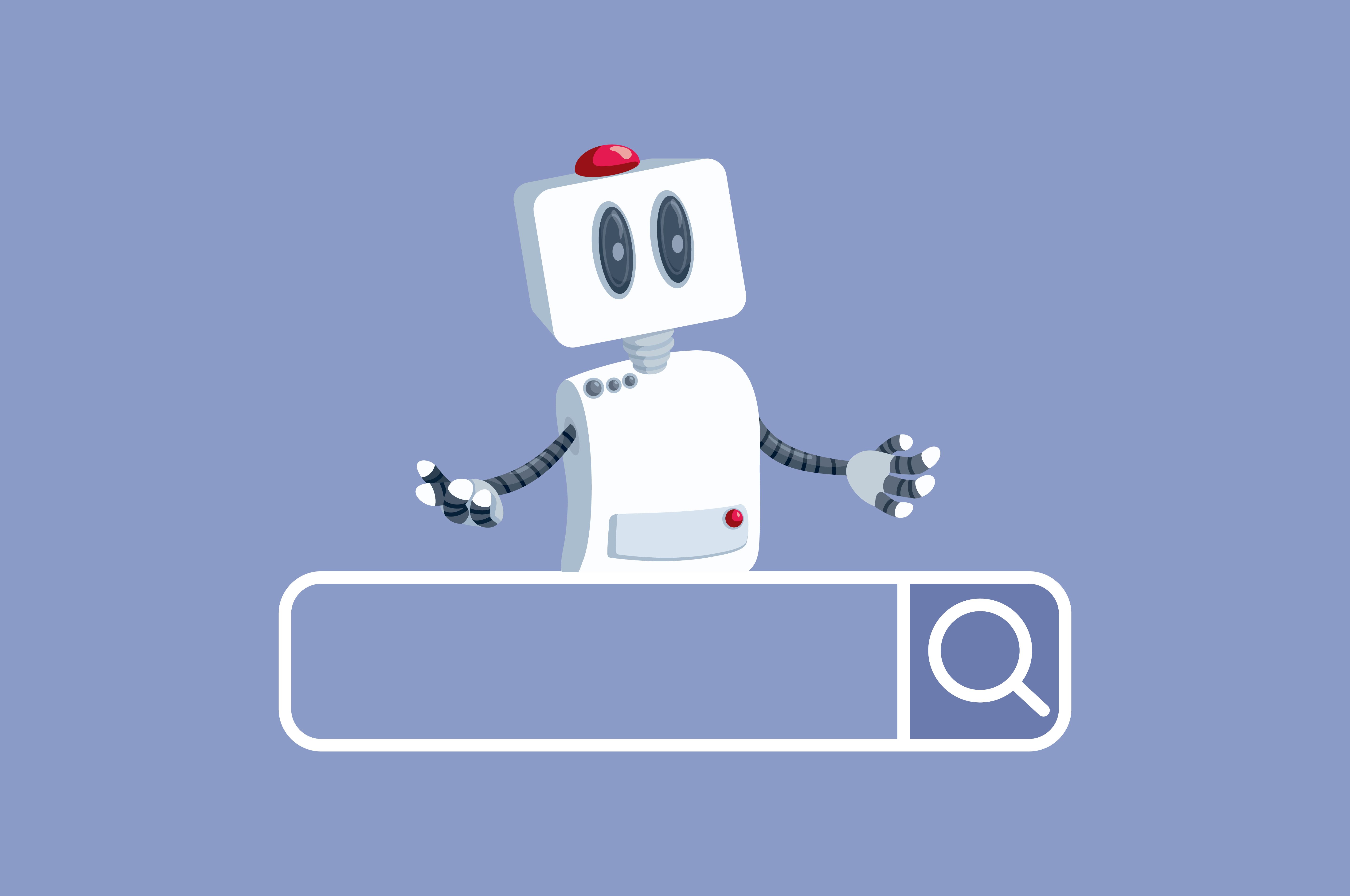 Illustration of a robot standing behind a search bar, appearing to offer assistance.