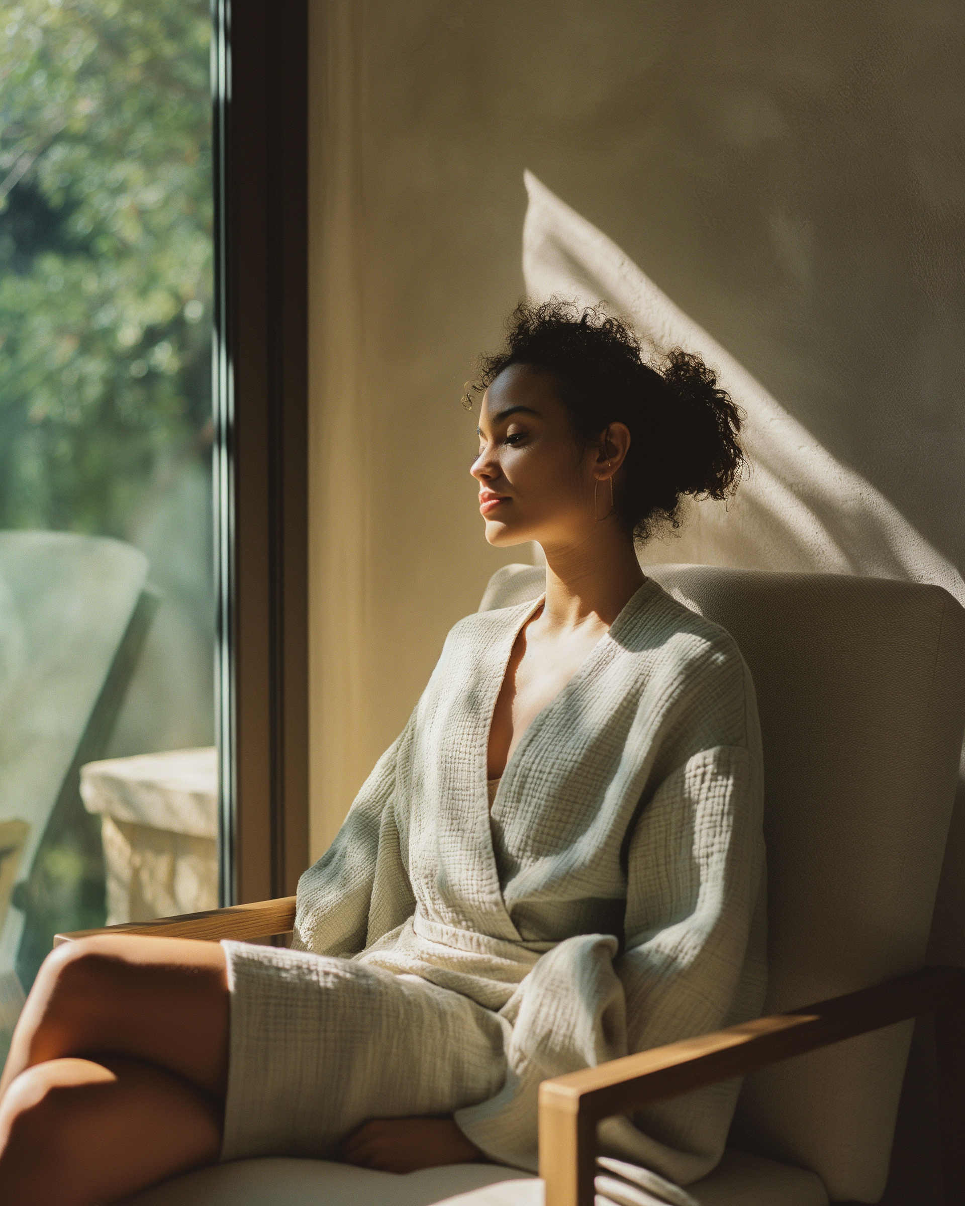 Woman in a moment of serene reflection, sitting in a sunlit, private healing sanctuary.