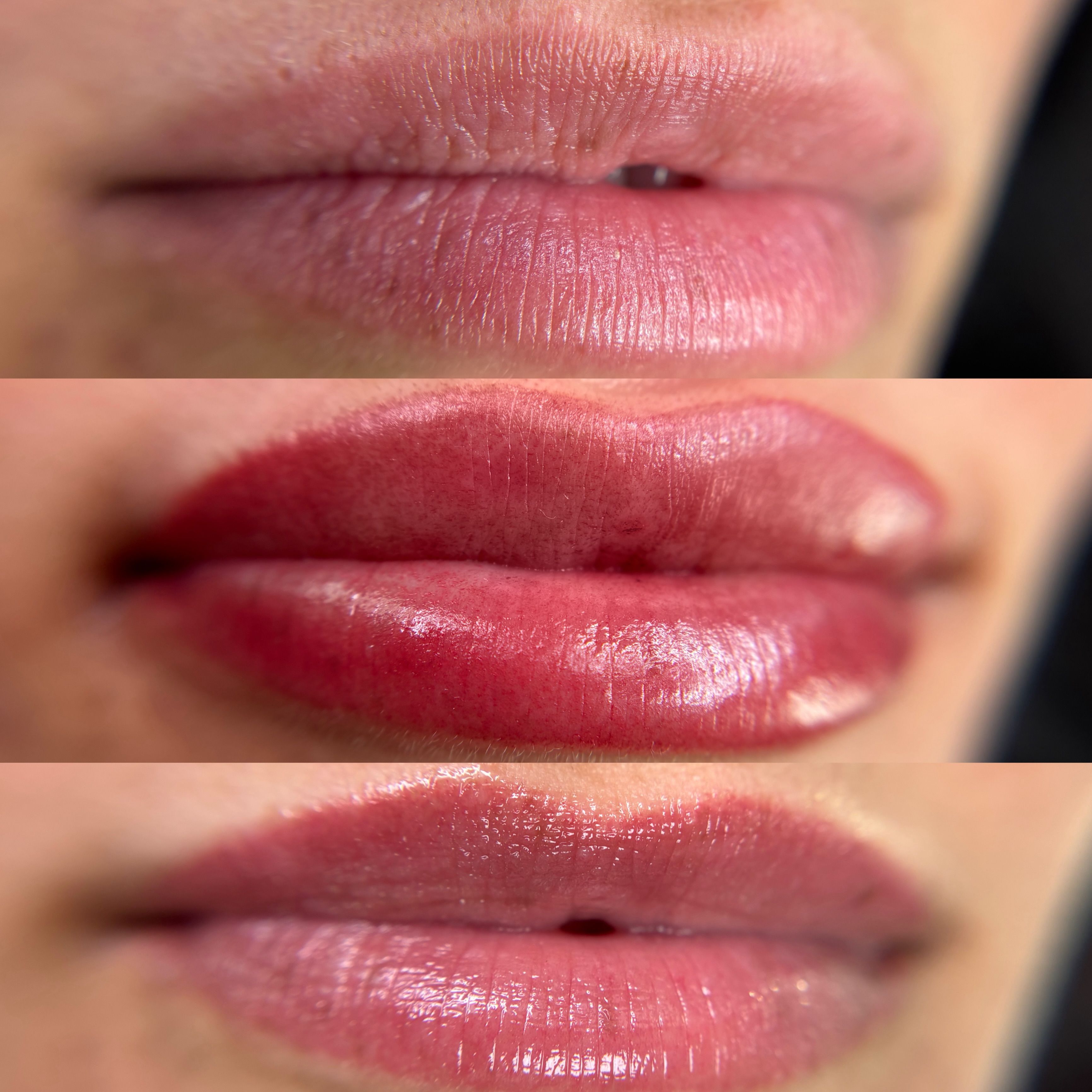 Lip Blush before, right after service, and healed