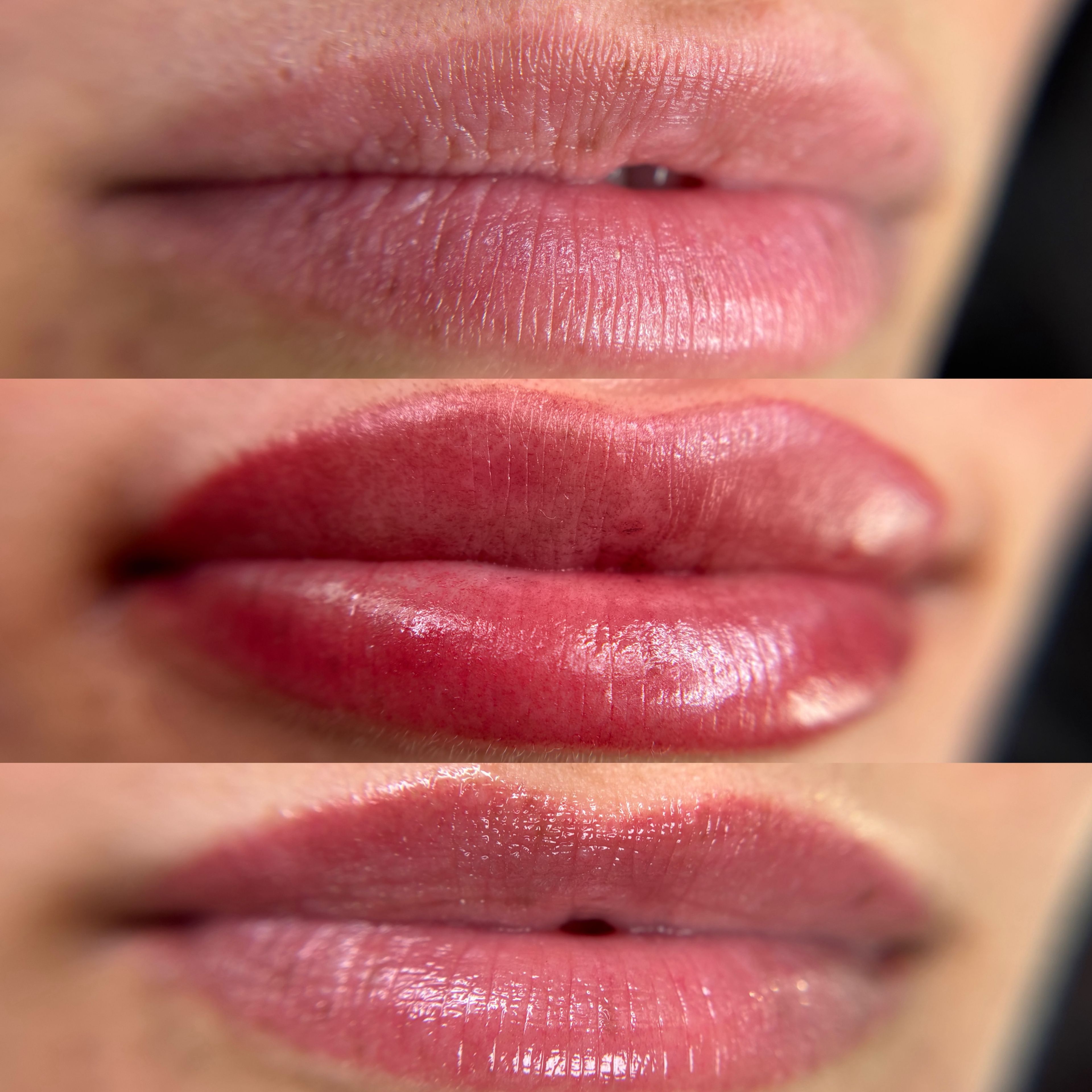 Lip Blush before, right after service, and healed