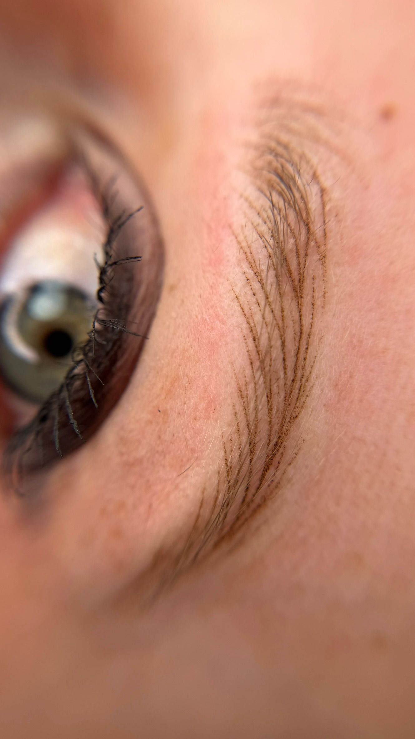 Close-up of a nano brow with fine, natural-looking hair strokes forming a softly defined eyebrow next to a green eye.