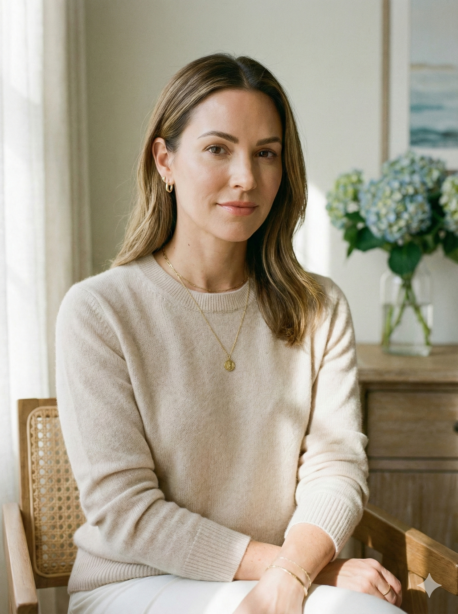 Softly lit, private consultation area with comfortable seating and sage green accents.