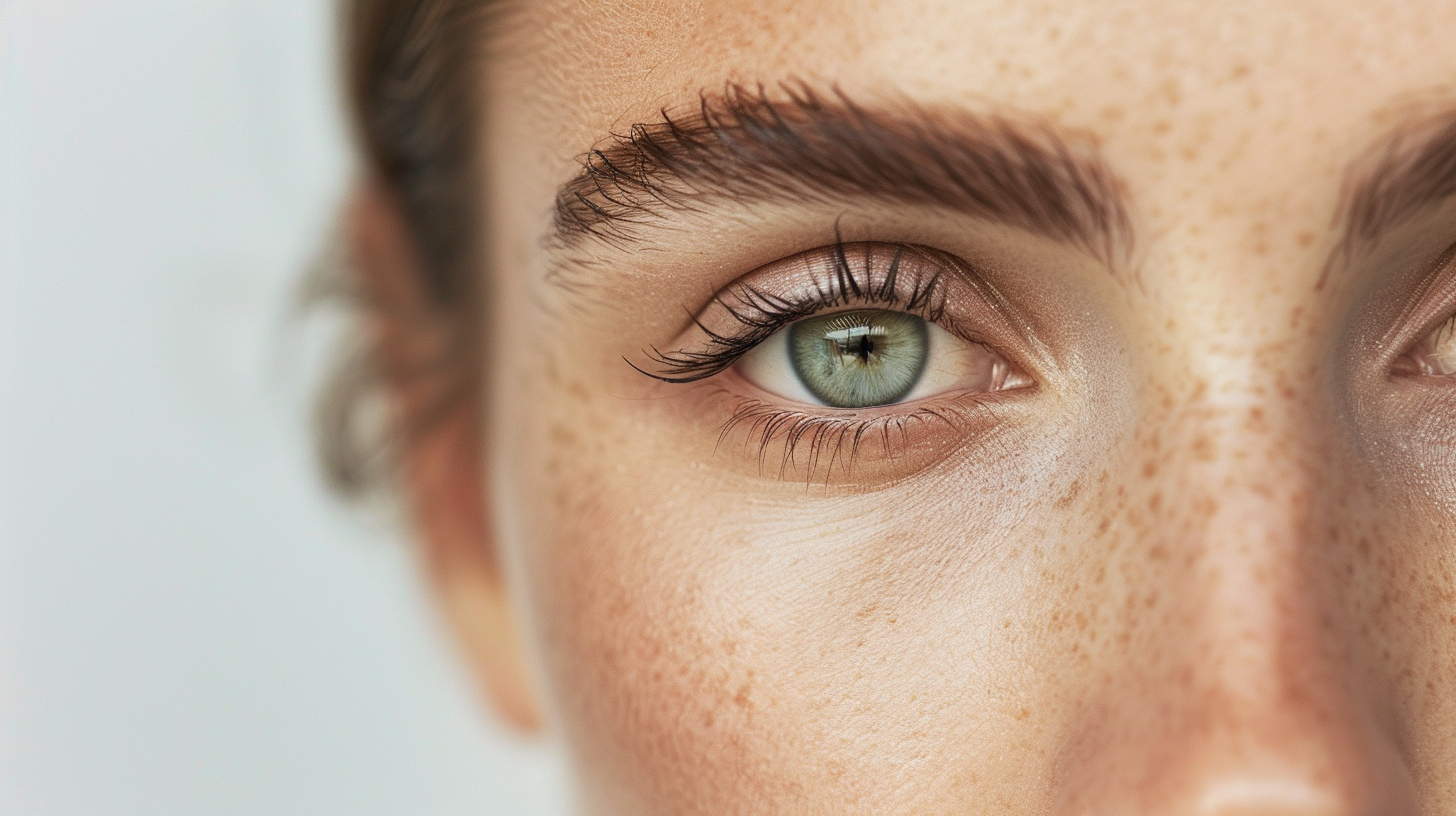 Close-up of a beautiful woman with gentle freckles looking at the camera with healed lip blush.