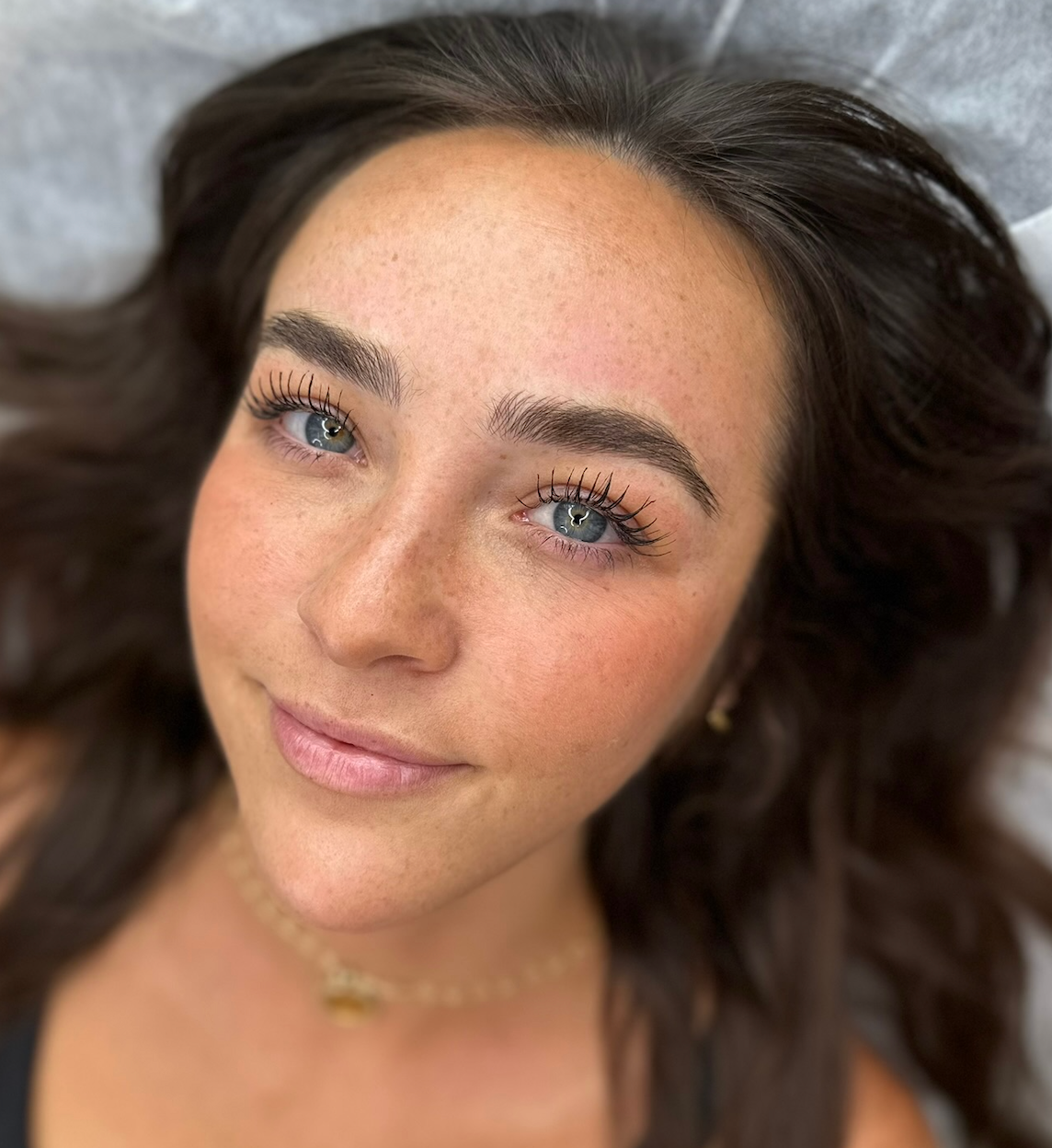 Microbladed brows result on blue-eyed client at MOKO Beauty Studio