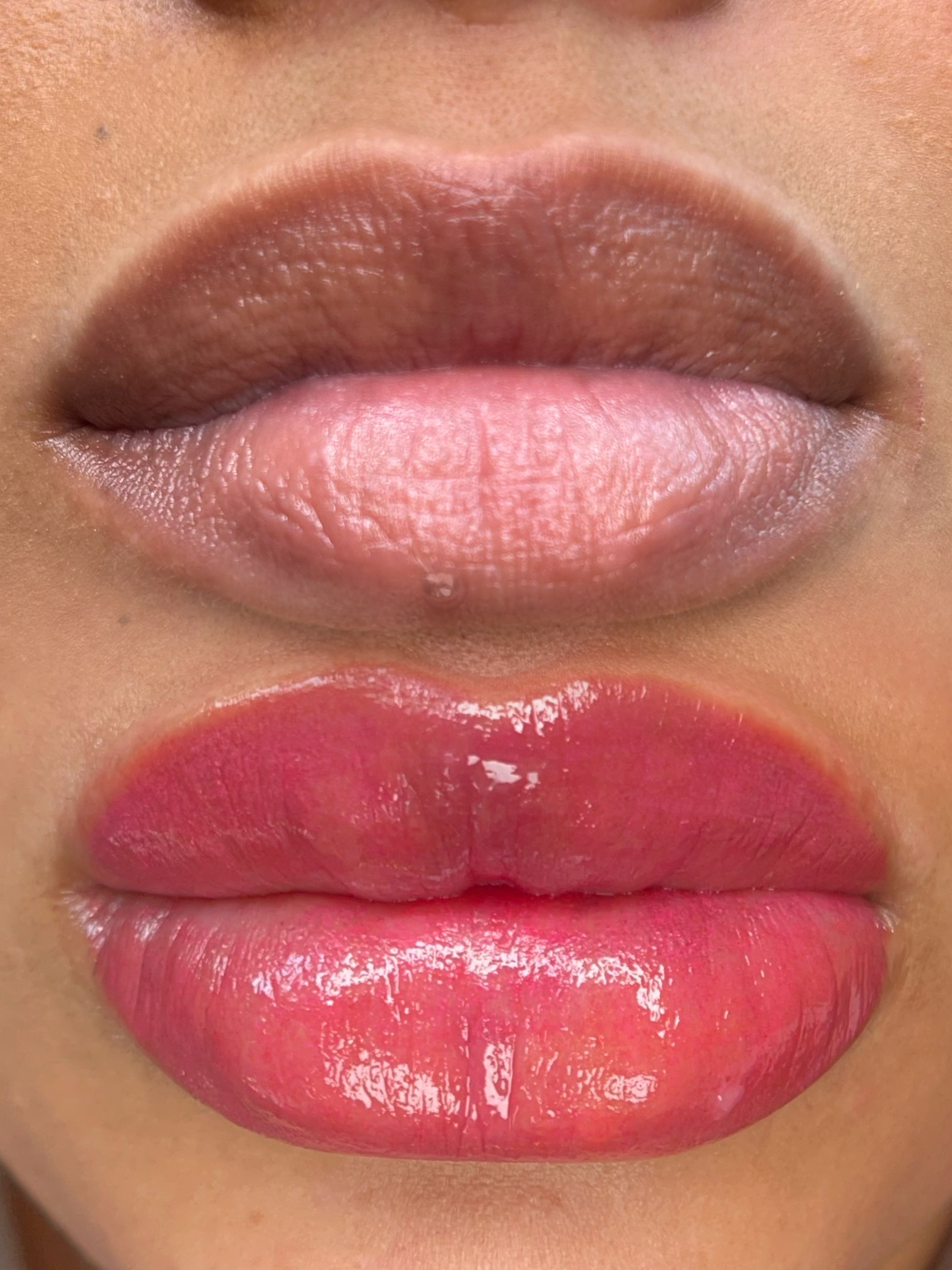 Before and right after a lip blush neutralization up close of lips.