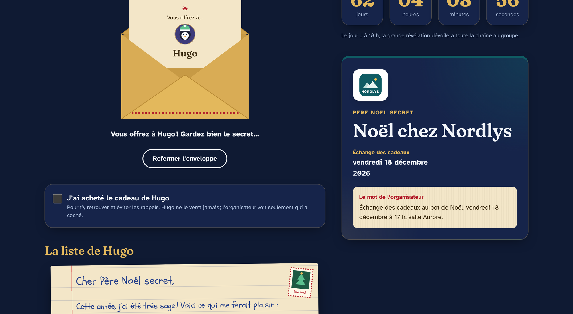 Page perso d'un participant : enveloppe ouverte et liste d'envies de la personne à gâter