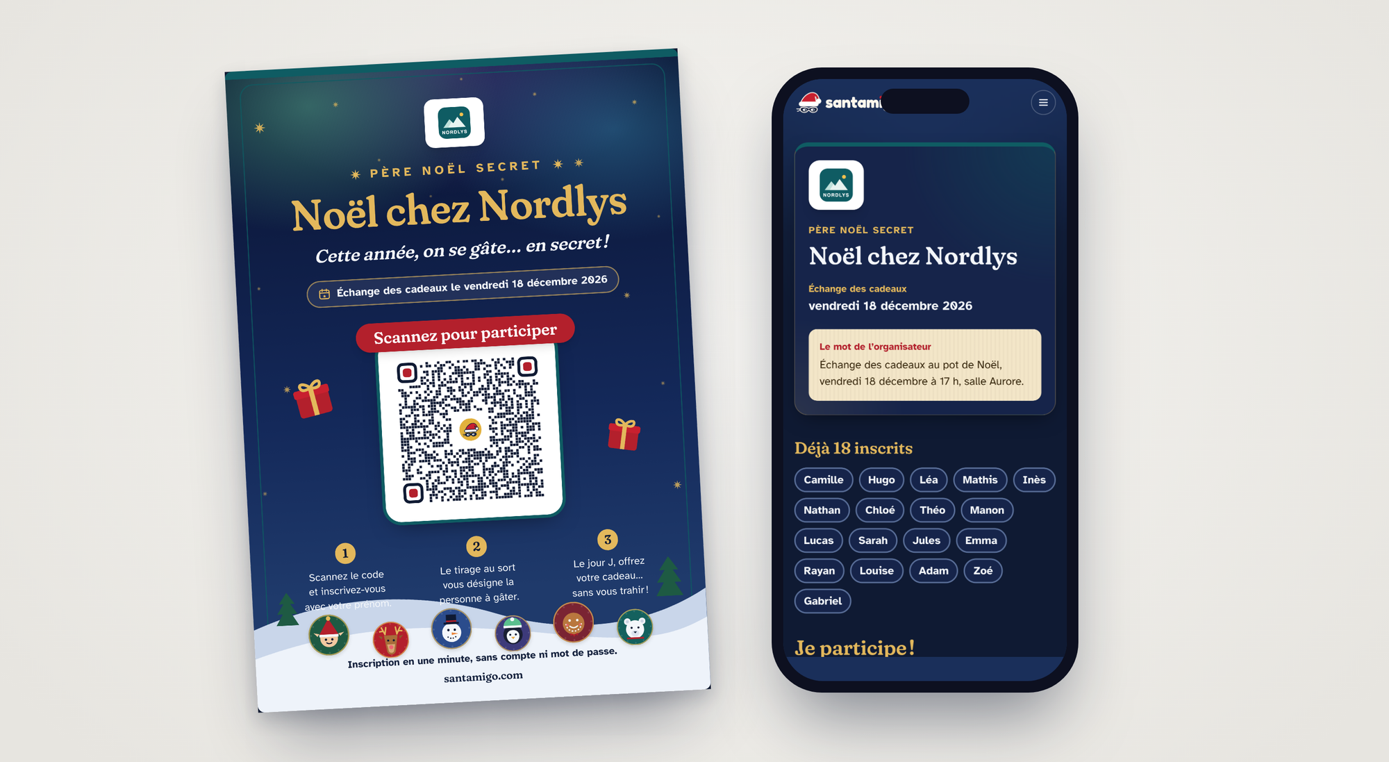 Affiche A4 avec QR code et page d'invitation sur mobile, aux couleurs d'une entreprise