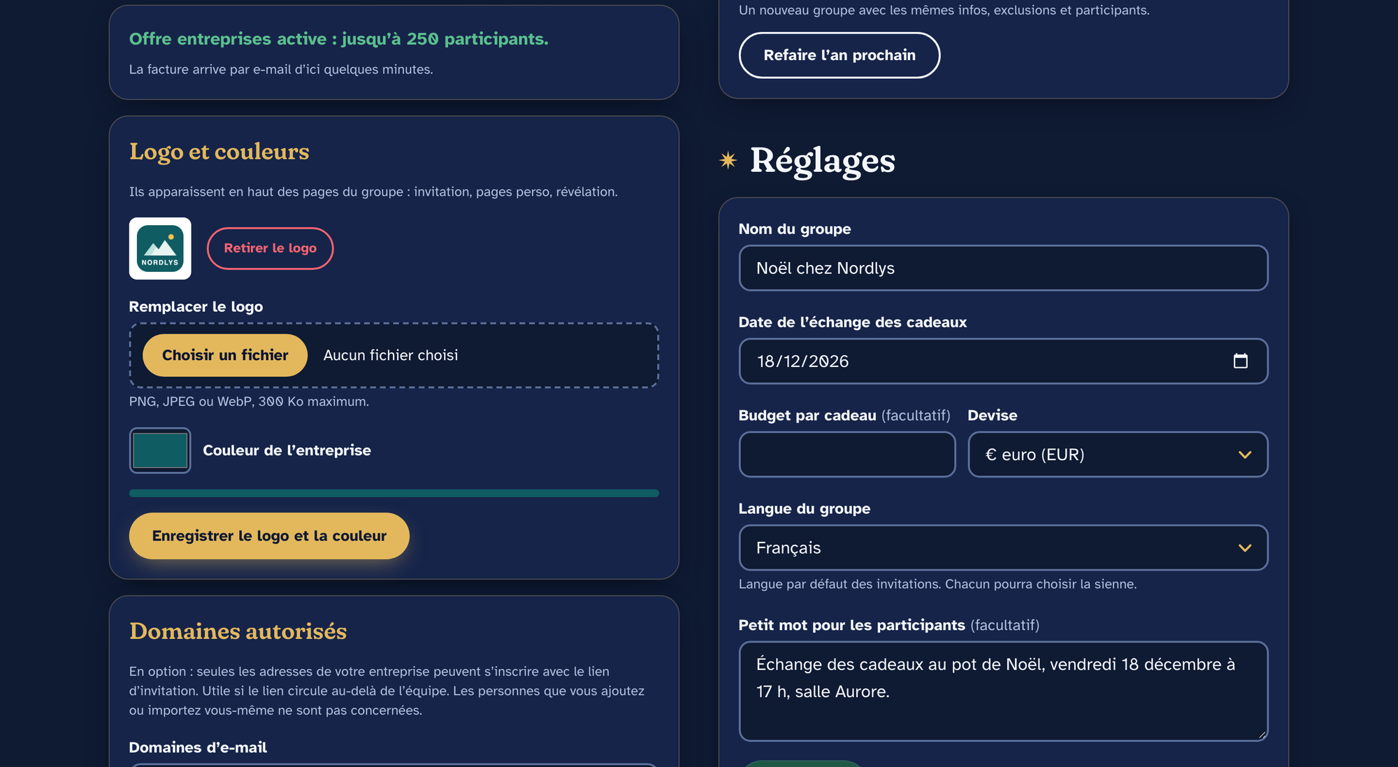 Réglages de l'offre Entreprises : logo, couleur de l'entreprise et domaines autorisés