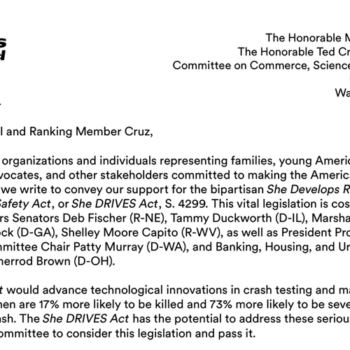 BREAKING: Nation's most influential safety groups demand action on bipartisan She DRIVES Act