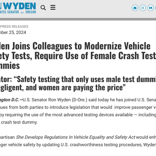 Wyden Joins Colleagues to Modernize Vehicle Safety Tests, Require Use of Female Crash Test Dummies