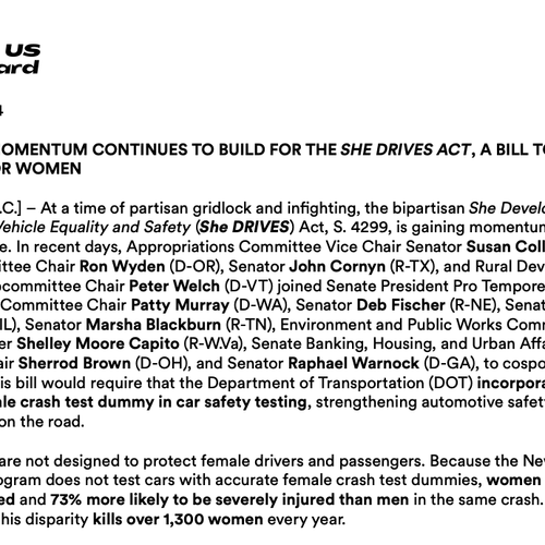 BIPARTISAN MOMENTUM CONTINUES TO BUILD FOR THE SHE DRIVES ACT, A BILL TO MAKE CARS SAFE FOR WOMEN