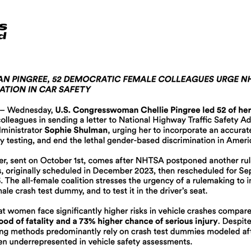 CONGRESSWOMAN PINGREE, 52 DEMOCRATIC FEMALE COLLEAGUES URGE NHTSA TO END FATAL DISCRIMINATION IN CAR SAFETY