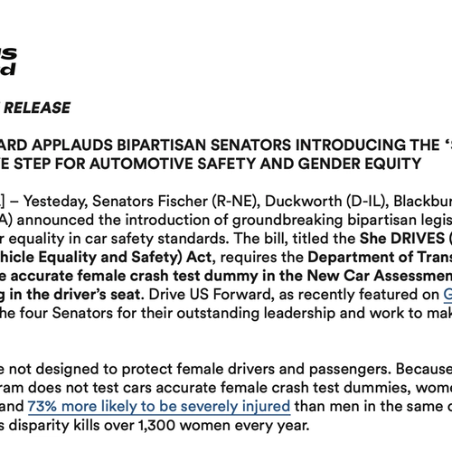 DRIVE US FORWARD APPLAUDS BIPARTISAN SENATORS INTRODUCING THE “SHE DRIVES ACT” IN MASSIVE STEP FOR AUTOMOTIVE SAFETY AND GENDER EQUITY