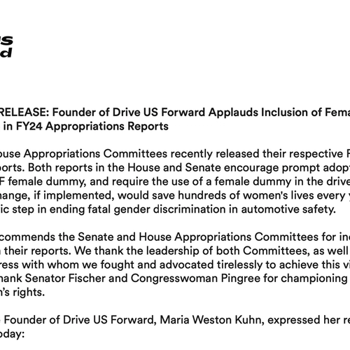 Founder of Drive US Forward Applauds Inclusion of Female Crash Test Dummy Language in FY24 Appropriations Reports