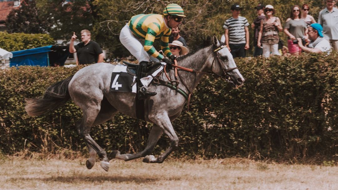 Close-up of a jockey and horse racing at full gallop