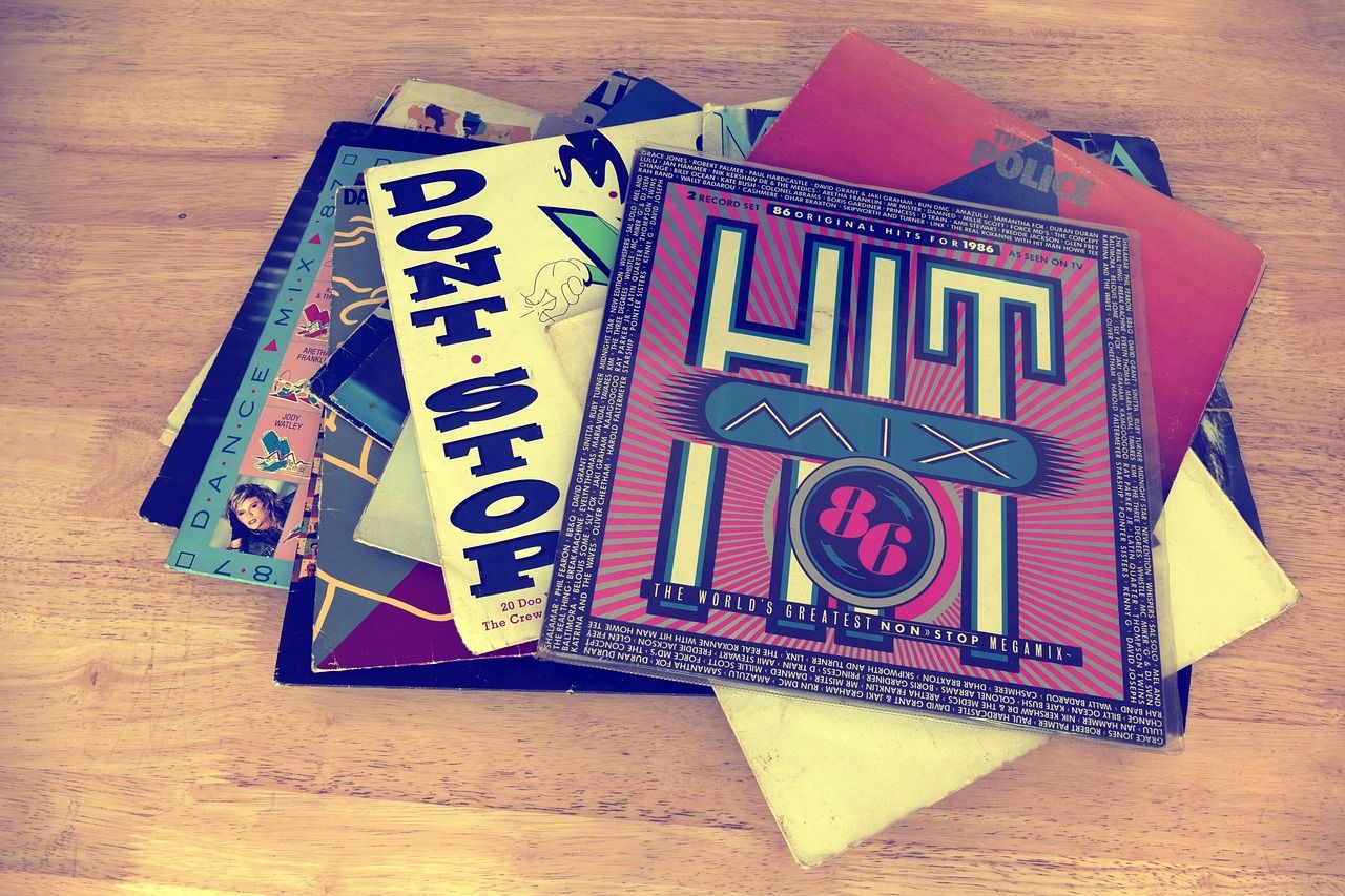 Vinyl records from the 1980s era, representing the music of the Live Aid generation