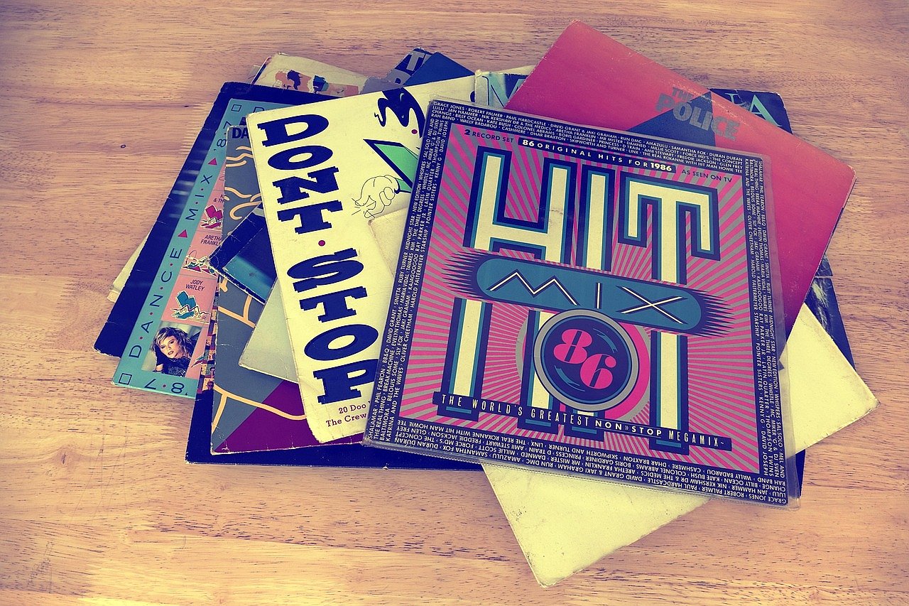 Vinyl records from the 1980s era, representing the music of the Live Aid generation