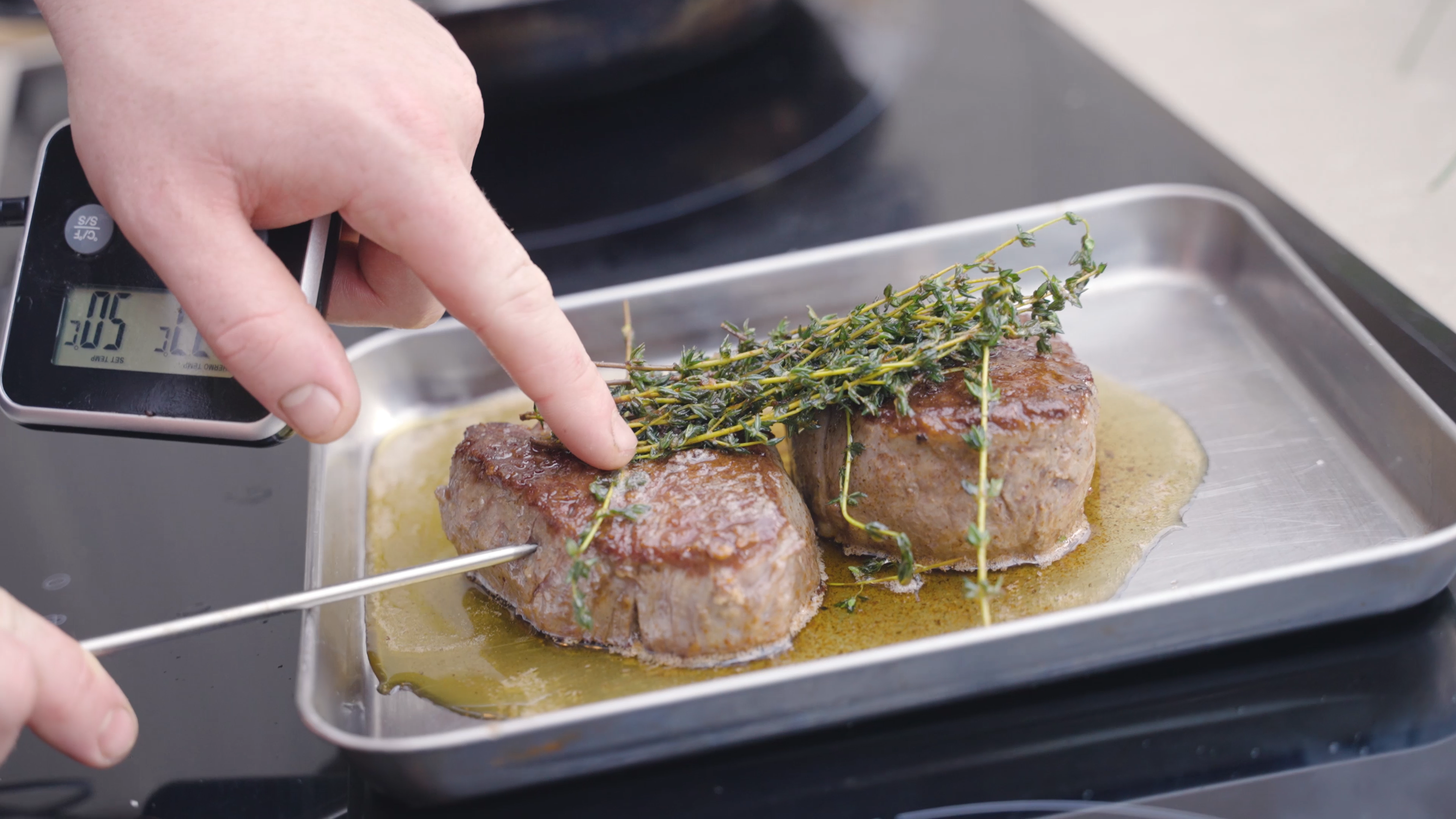 Seared beef fillets basted in thyme butter from the tasting menu