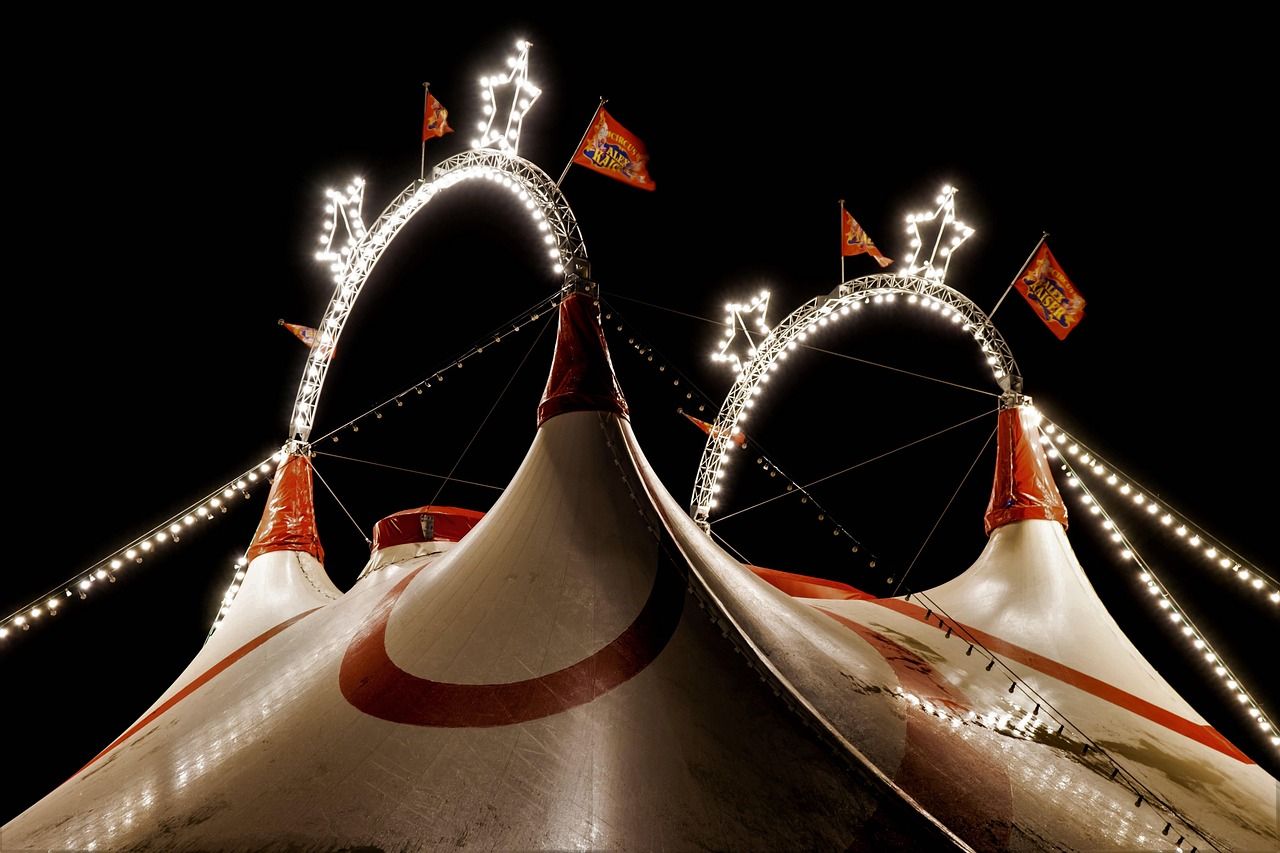 A circus big top tent, evoking the early days of Cirque du Soleil