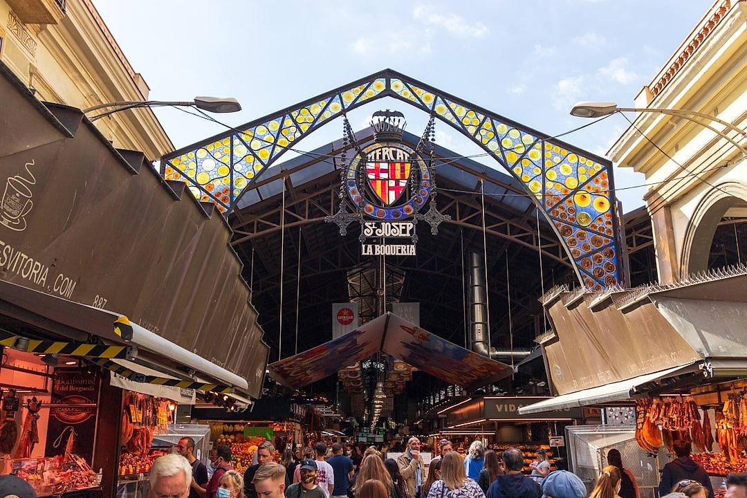 La Boqueria market in Barcelona with colourful produce stalls