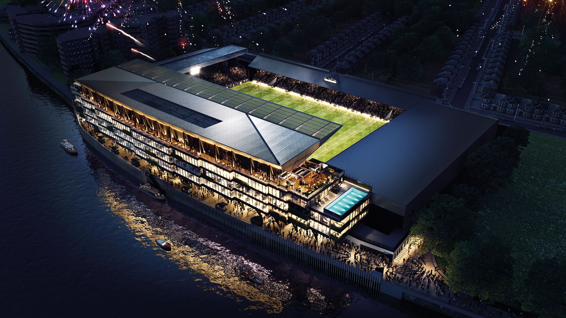 Craven Cottage under floodlights at night, home of Fulham FC