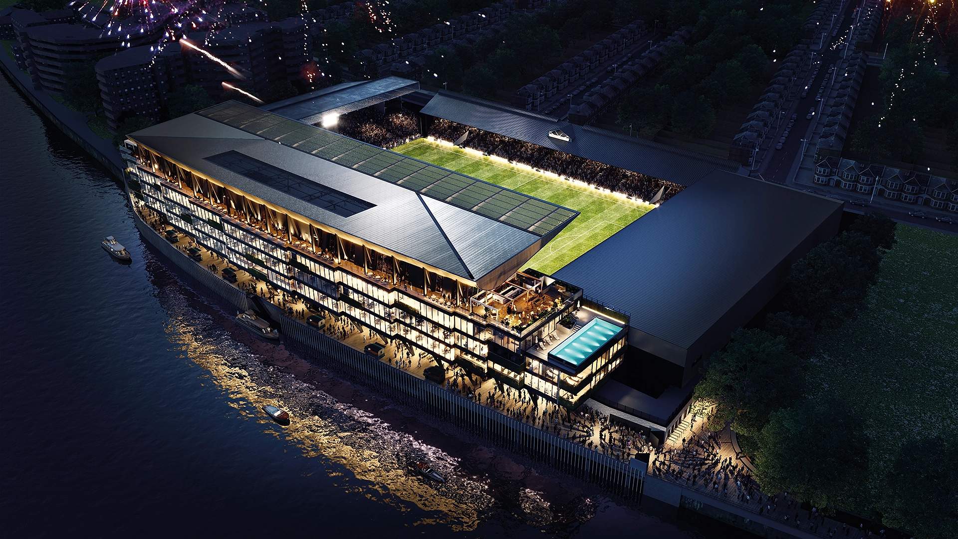 Craven Cottage under floodlights at night, home of Fulham FC