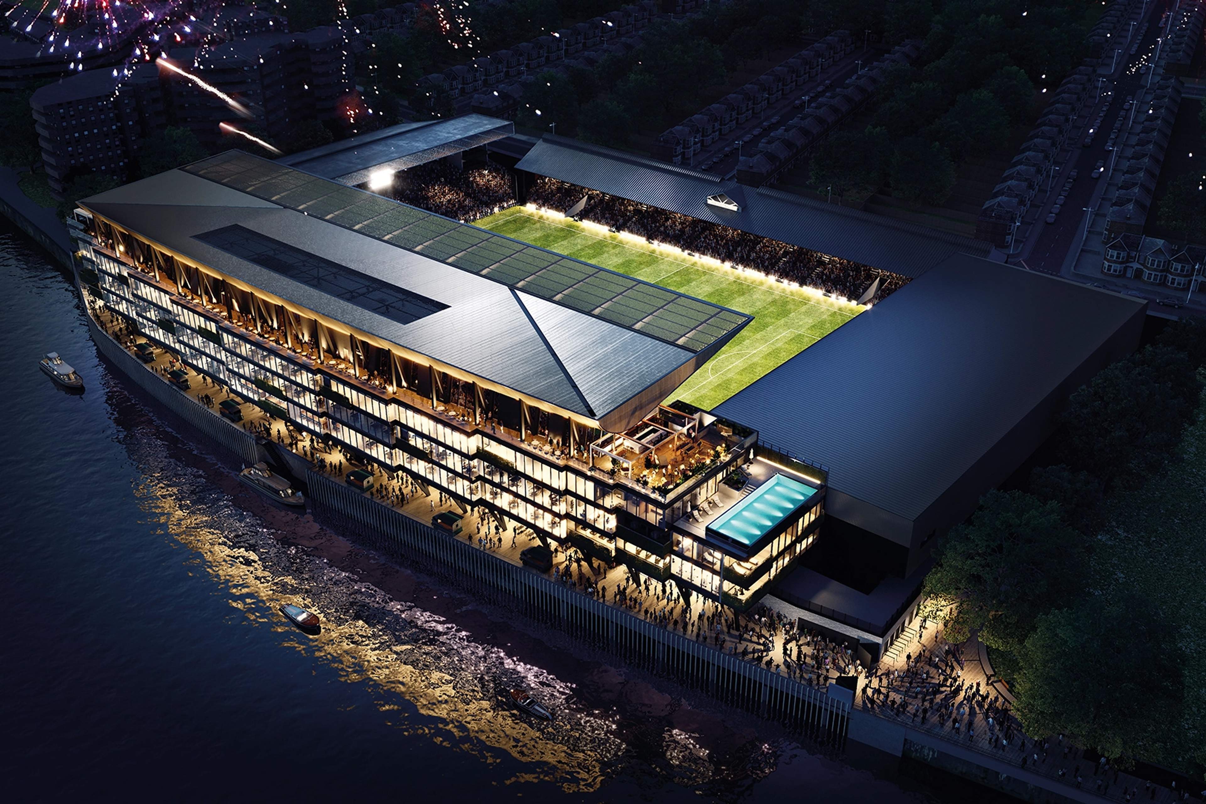 Craven Cottage under floodlights at night, home of Fulham FC