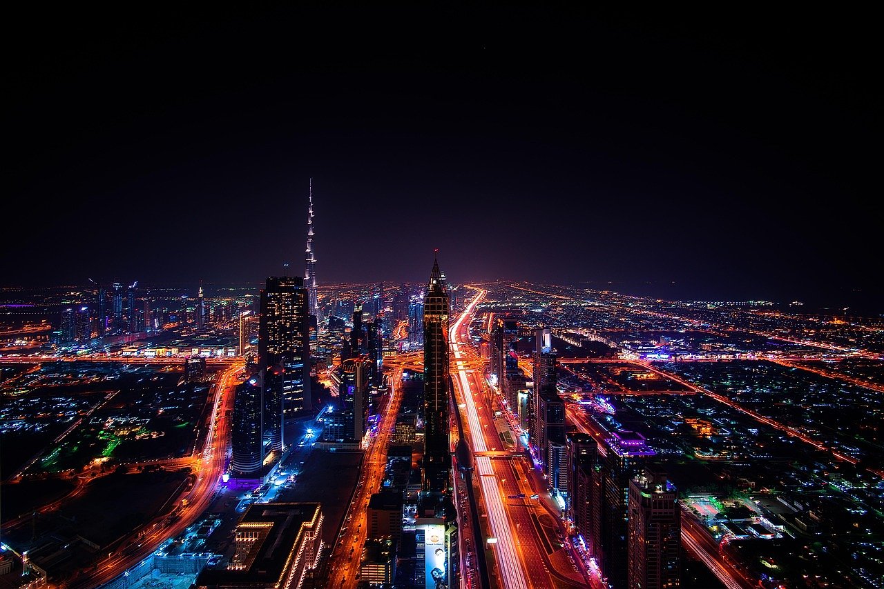 Aerial view of Dubai at night, the city that fell silent when the 2020 Dubai World Cup was cancelled