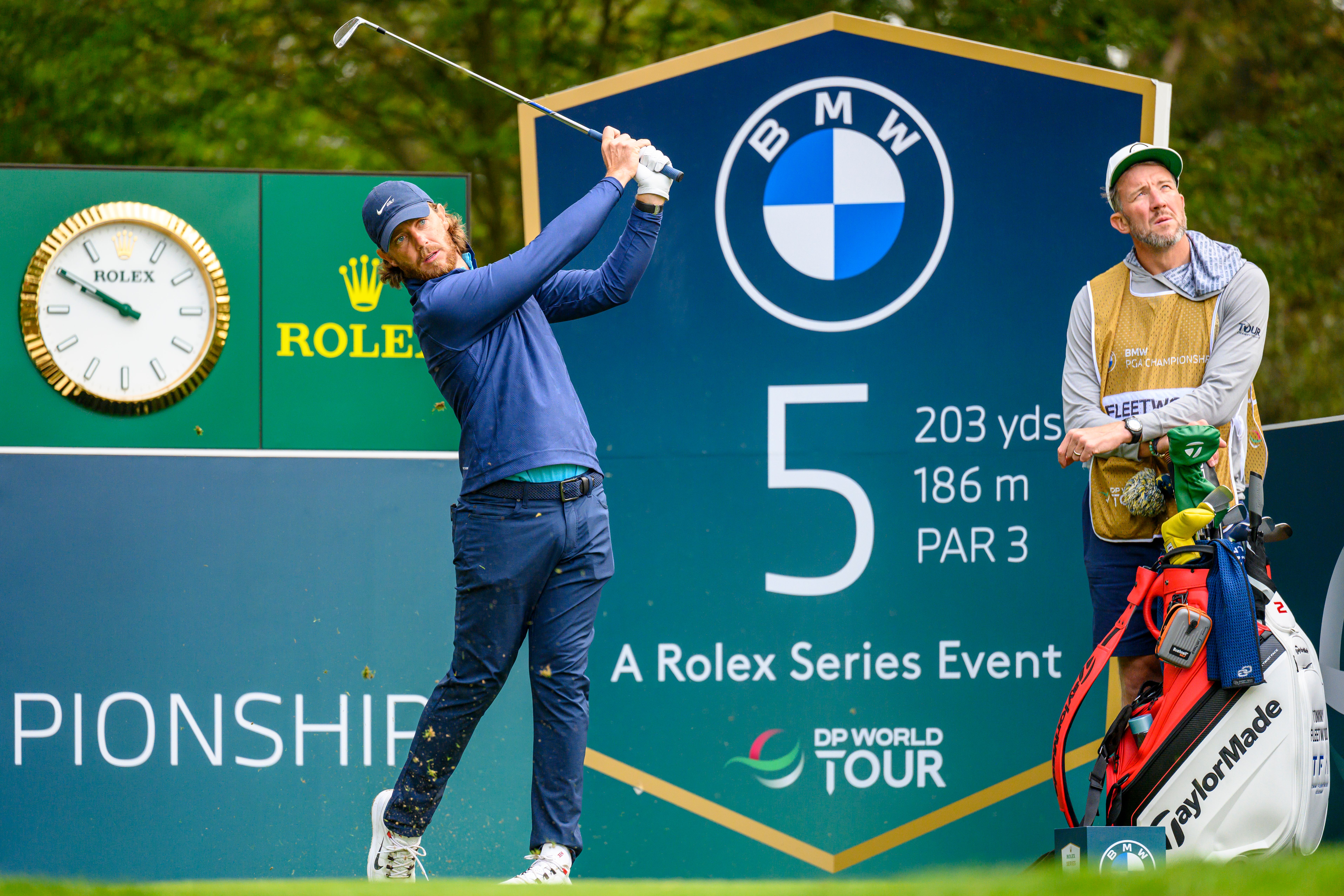 Tommy Fleetwood tees off at Wentworth's 5th during the BMW PGA Pro-Am