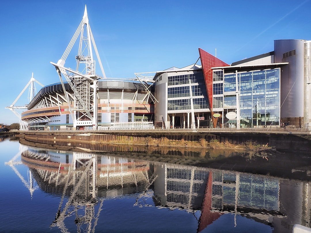 Principality Stadium reflected in the River Taff at dusk