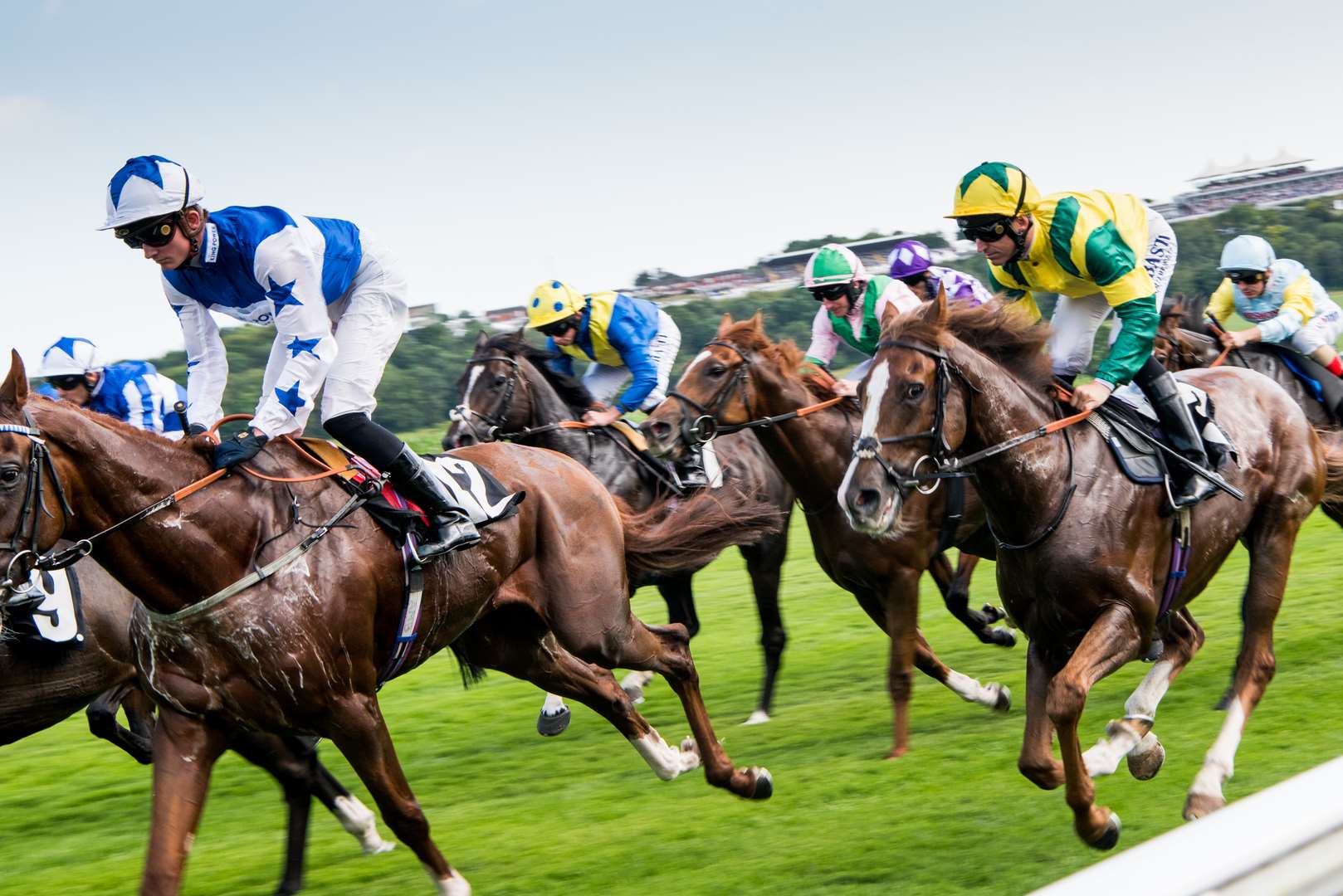 Close-up of a jockey riding a racehorse at full speed