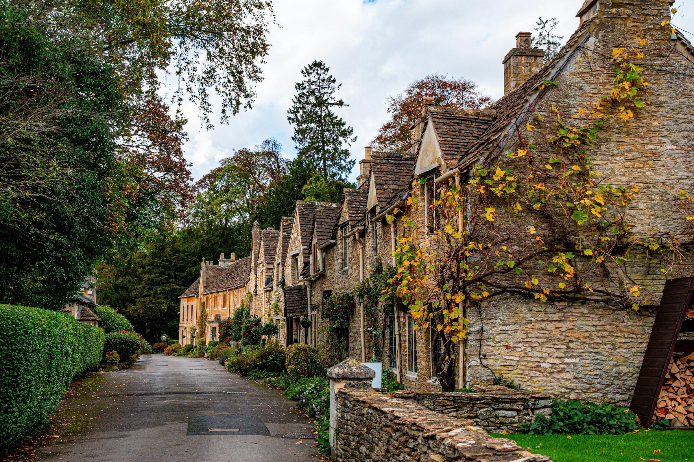 Cheltenham and the Cotswolds (a street lined with stone buildings next to a lush green forest)