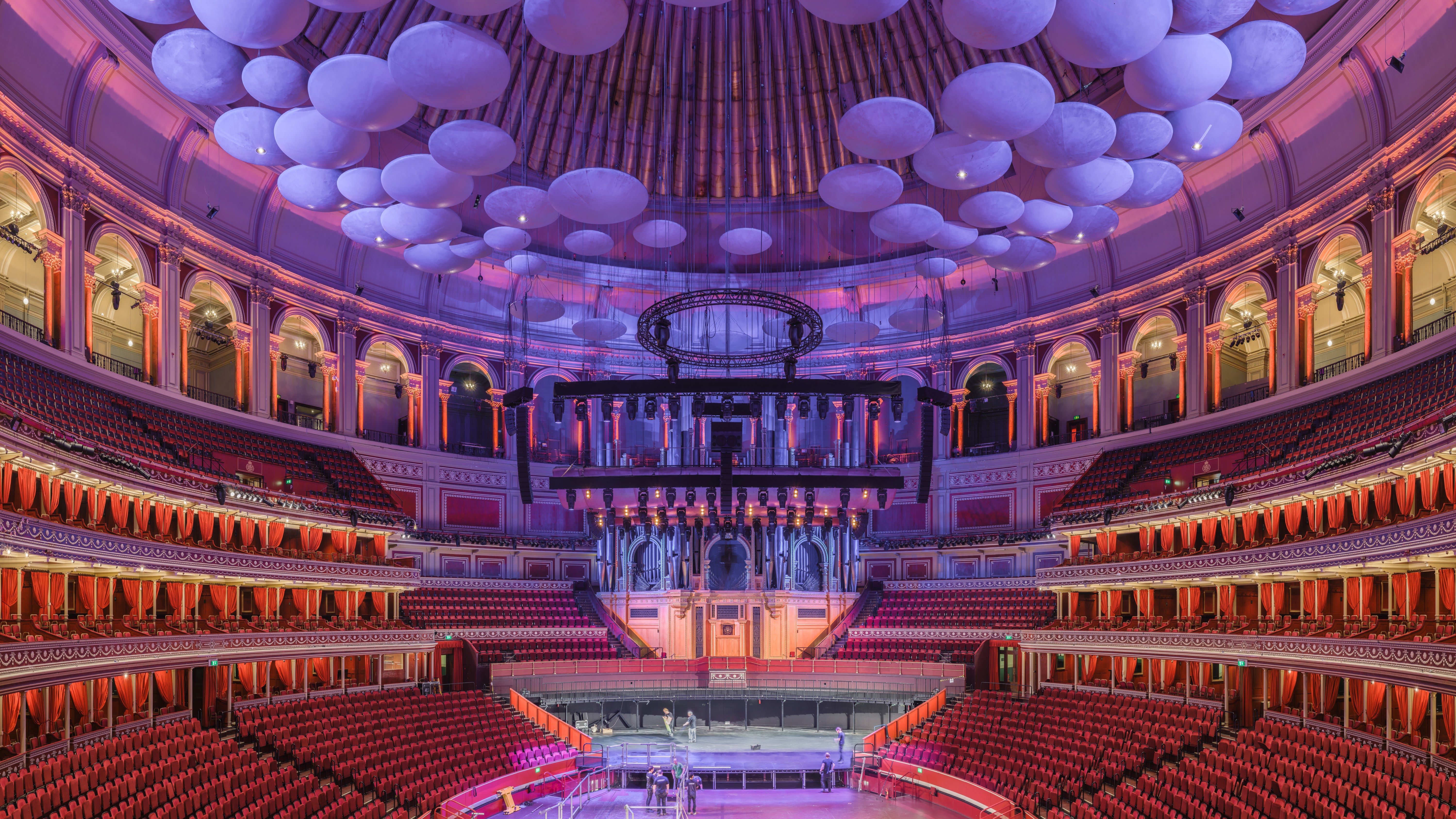 The Royal Albert Hall auditorium: the Stalls, three rings of boxes, the Circle and the Gallery stacked around the oval
