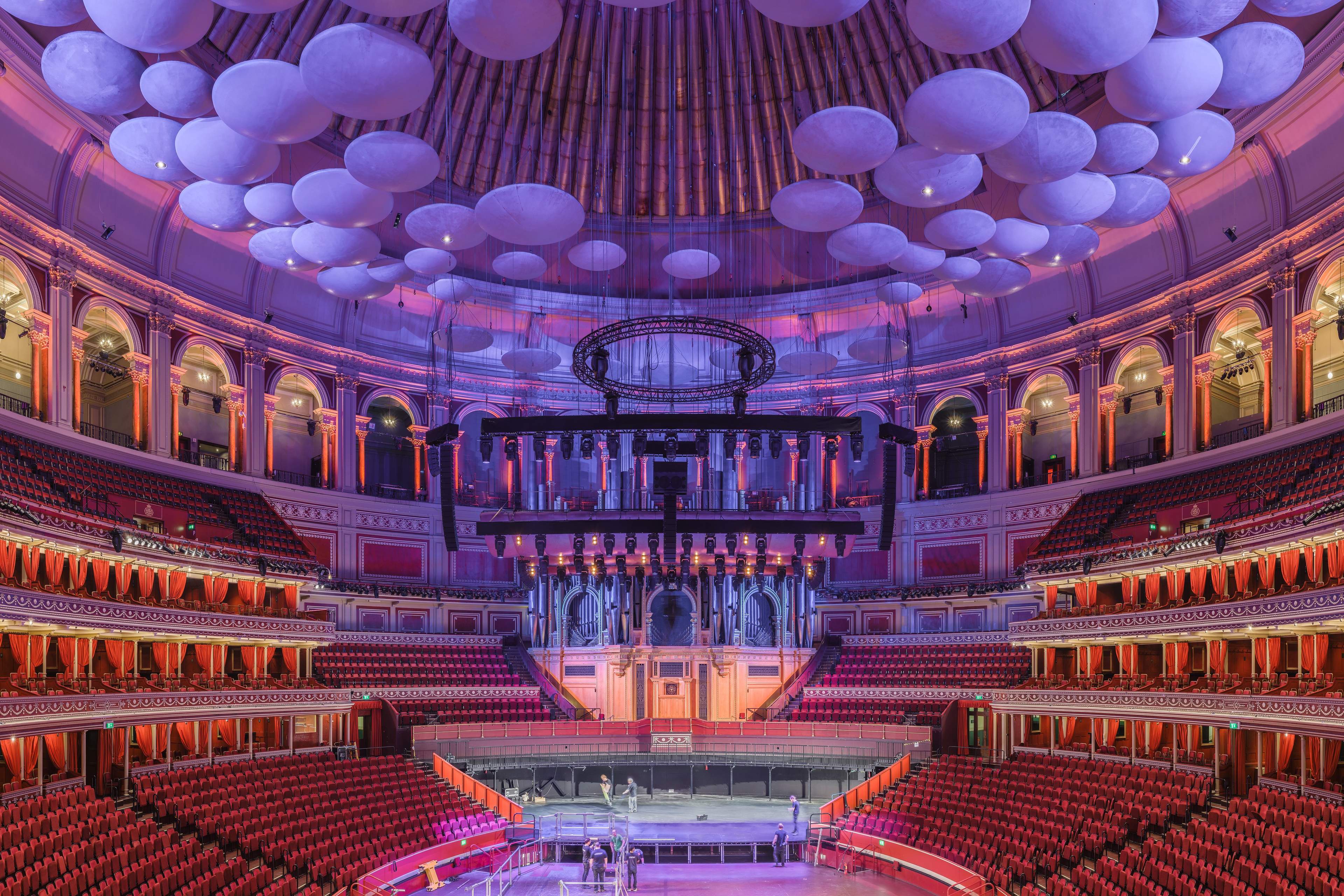 The Royal Albert Hall auditorium: the Stalls, three rings of boxes, the Circle and the Gallery stacked around the oval