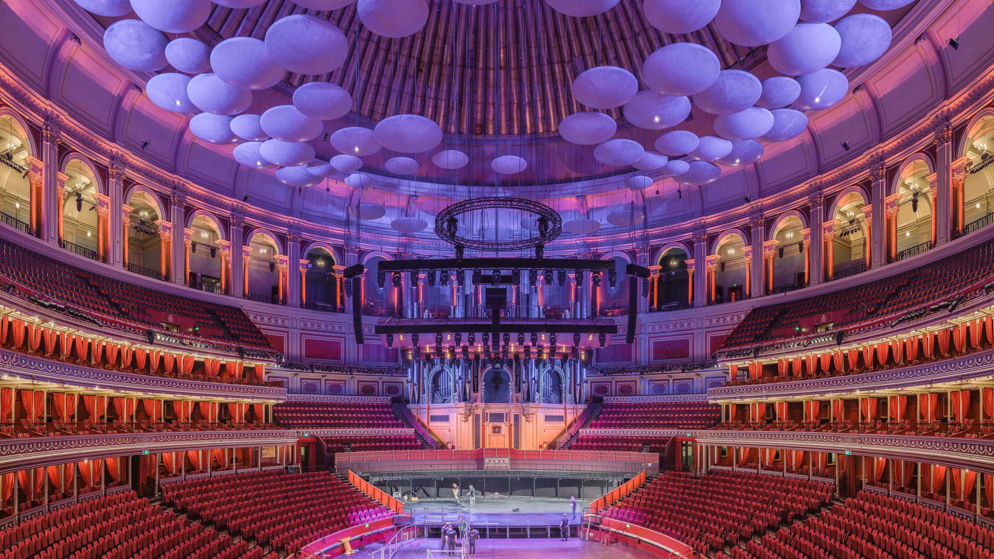 The Royal Albert Hall auditorium: the Stalls, three rings of boxes, the Circle and the Gallery stacked around the oval